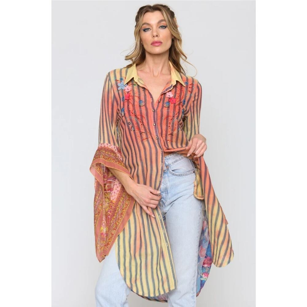 Aratta Silent Journey Beatrix Striped Red Yellow Floral Embroidered Shirt XS